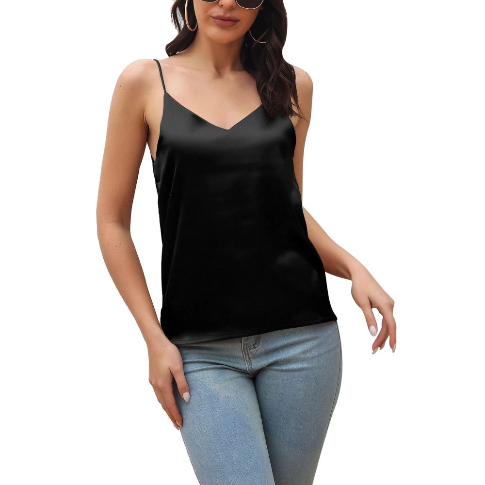 Women Satin Tank Top V Neck Back Spaghetti Strap Pure Color Summer Sleeveless Vest Black XL