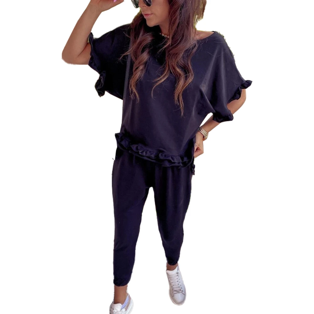 Women Casual Wear Set Short Sleeves Top Round Neck Frill Trim Pure Color Long Pants Suit Black XXL