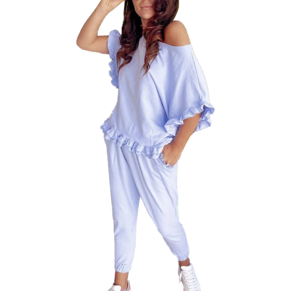 Women Casual Wear Set Short Sleeves Top Round Neck Frill Trim Pure Color Long Pants Suit Blue M