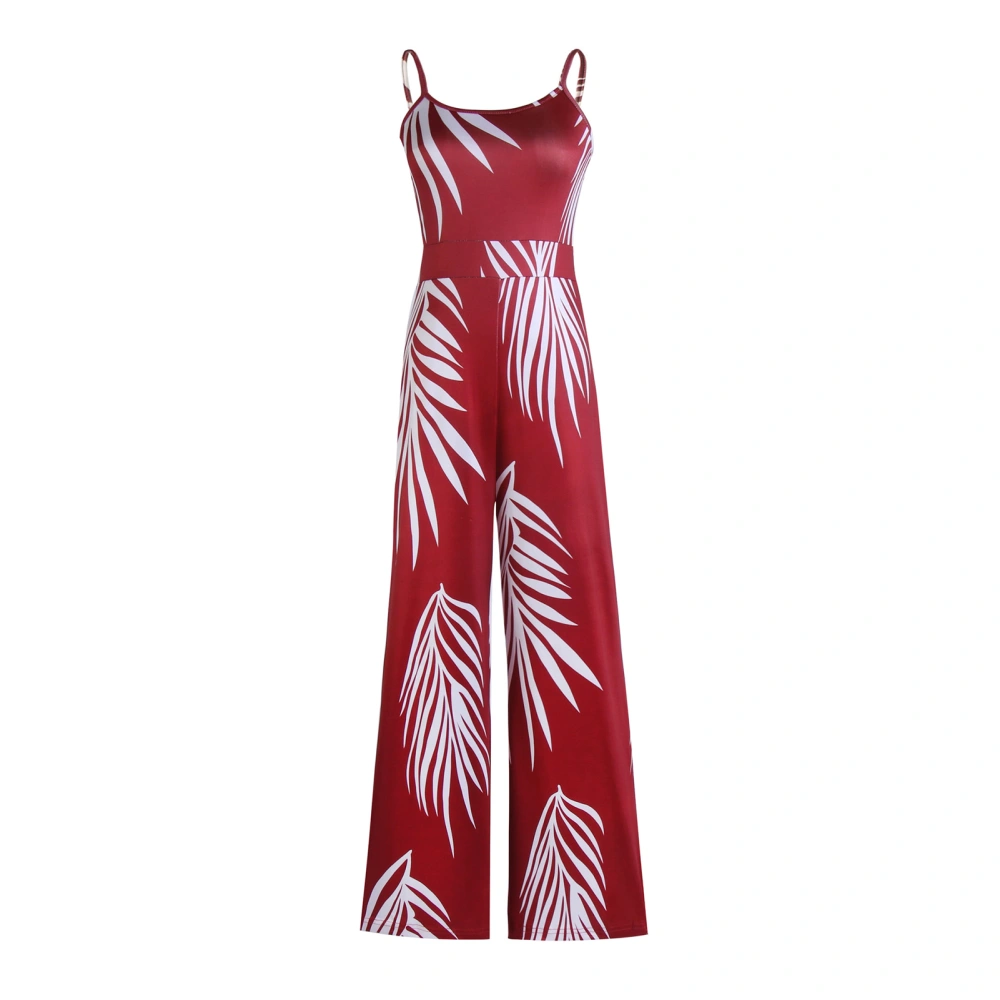 Loose Causal Print Jumpsuit Wide Straight Leg Spaghetti Strap Soft Stylish Print Sleeveless Jumpsuit Red L