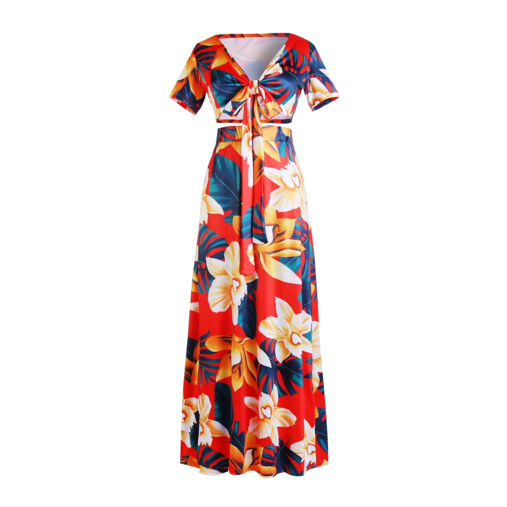 2 Pieces Printed Long Dress Fashionable Deep V Neck Floral Printed Side Slit Dress for Women Orange M