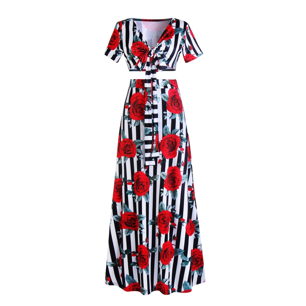 2 Pieces Printed Long Dress Fashionable Deep V Neck Floral Printed Side Slit Dress for Women Red L