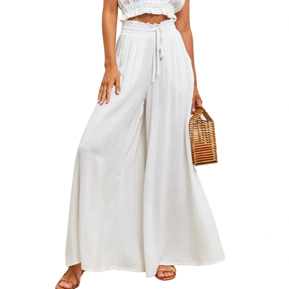 Wide Leg Drawstring Pants Elastic with Side Pocket Comfortable High Waisted Loose Pants for Women White S