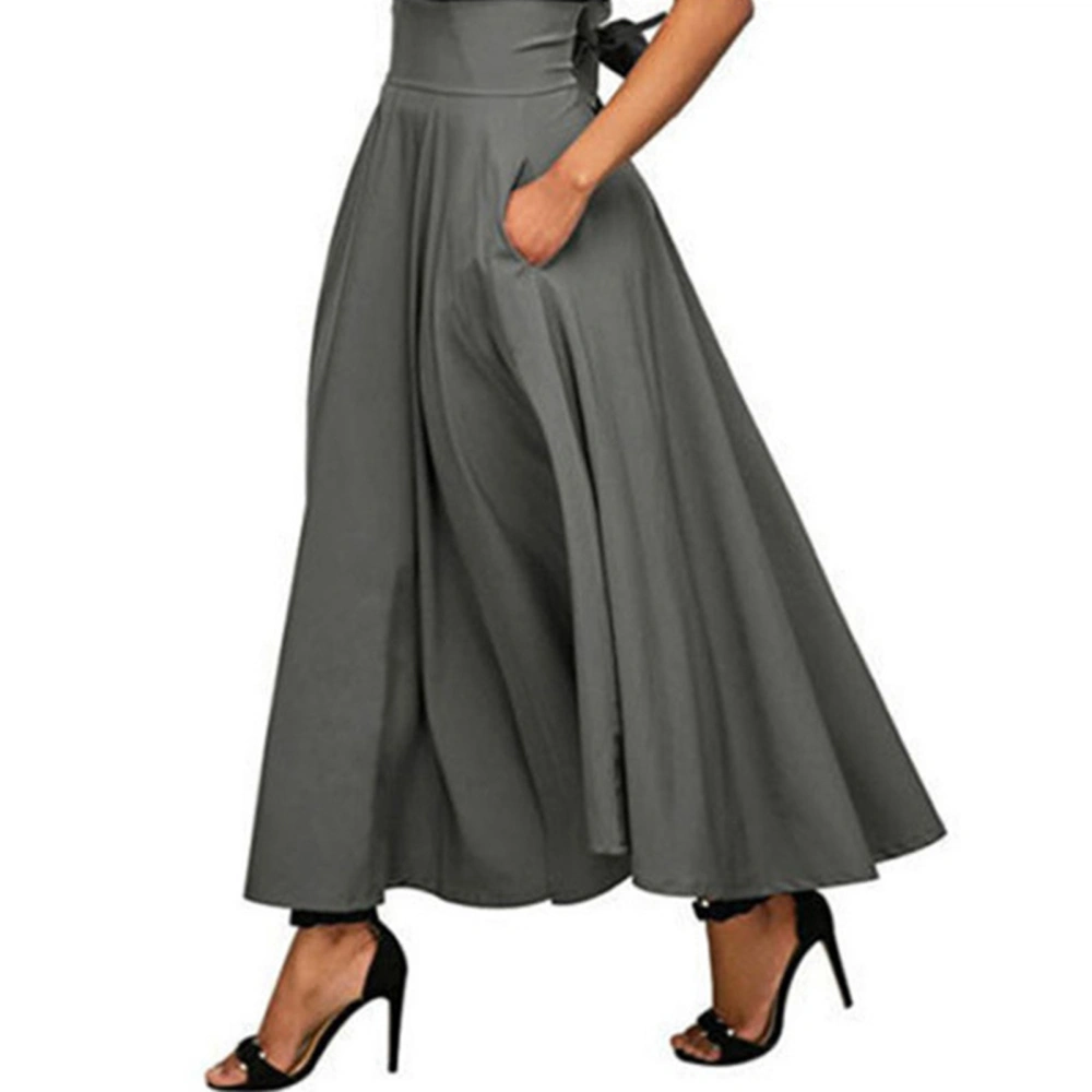 Women Maxi Skirt Pure Color Bow Belt Fashionable Elegant Female Maxi Skirt for Dating Outdoor Light Gray 3XL