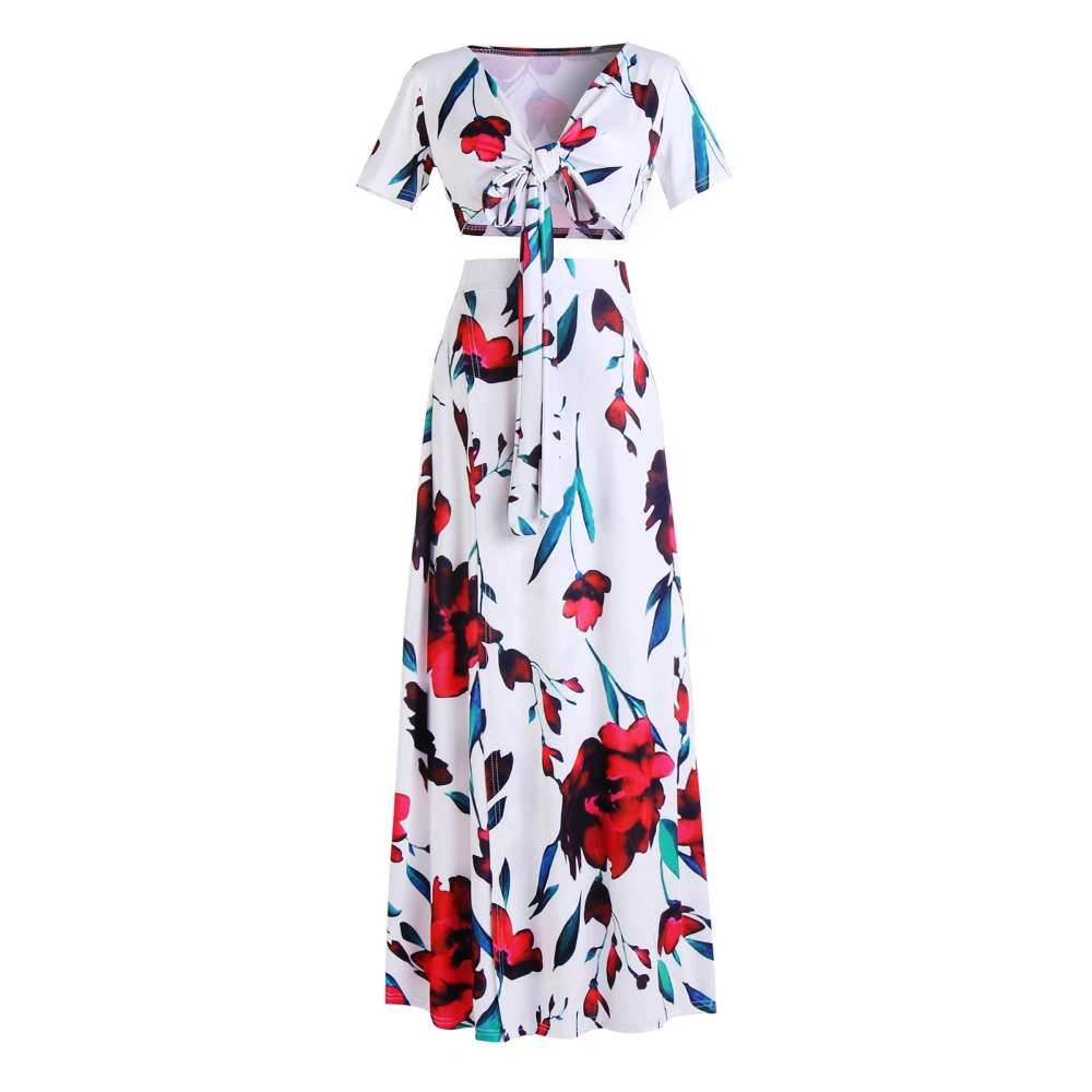 2 Pieces Printed Long Dress Fashionable Deep V Neck Floral Printed Side Slit Dress for Women White M