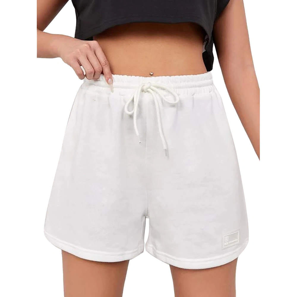 Women Sports Shorts Elastic Waist Drawstring Closure Wide Legs Casual Style Summer Shorts White M