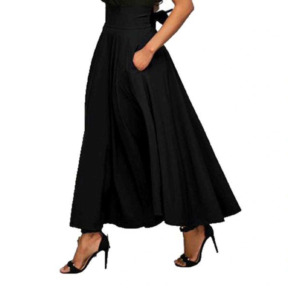 Women Maxi Skirt Pure Color Bow Belt Fashionable Elegant Female Maxi Skirt for Dating Outdoor Black S