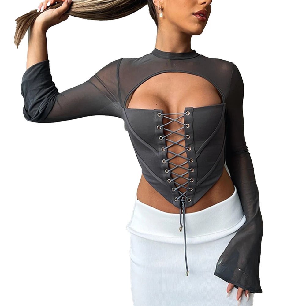 Lace Up Mesh Blouse Cut Out Backless Slim Fit Long Sleeved Pure Color Lace Up Top for Women Dark Gray L