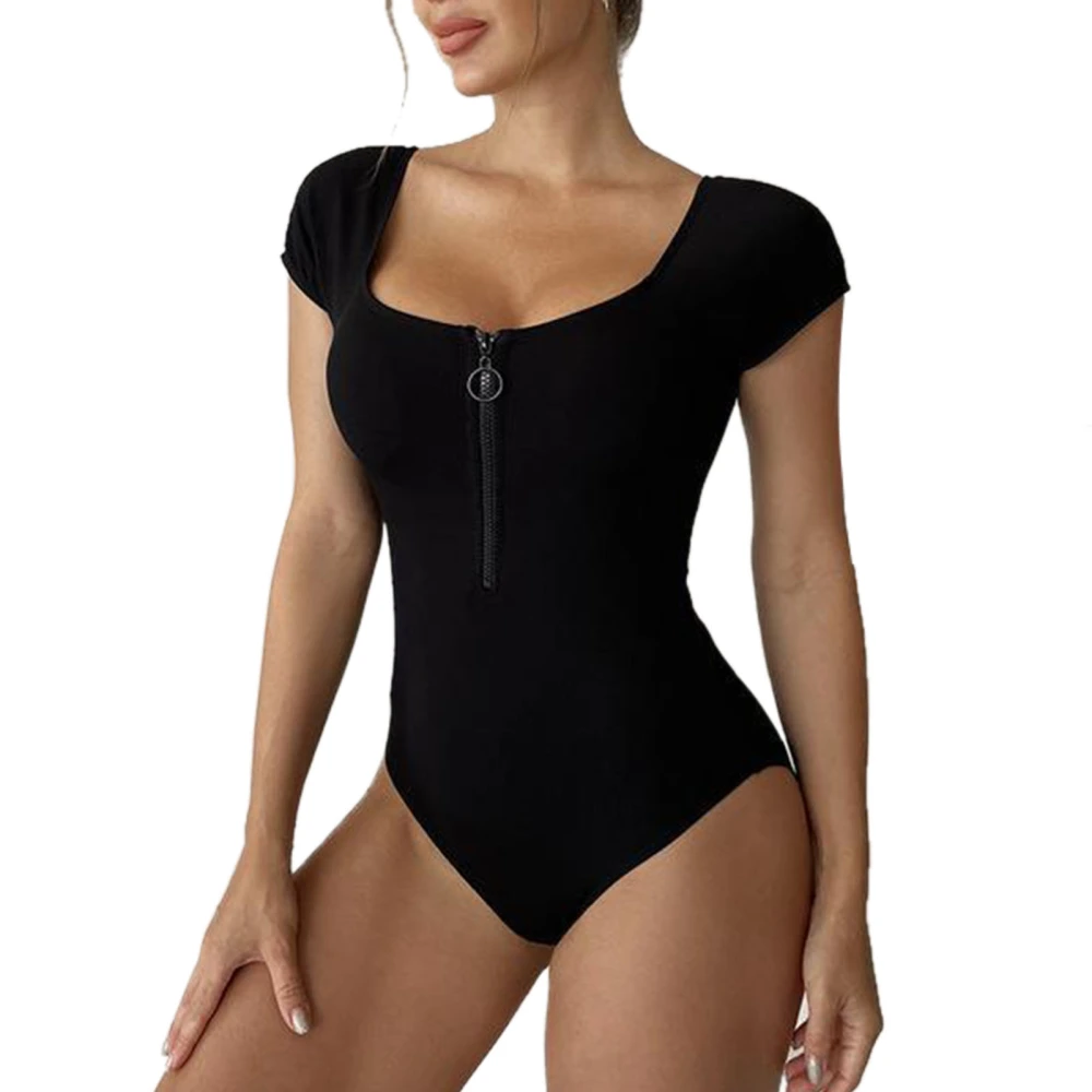 Women One Piece Swimsuit Zipper Backless Short Sleeve U Neck Pure Color One Piece Bathing Suit for Summer Swimming Beach Black M