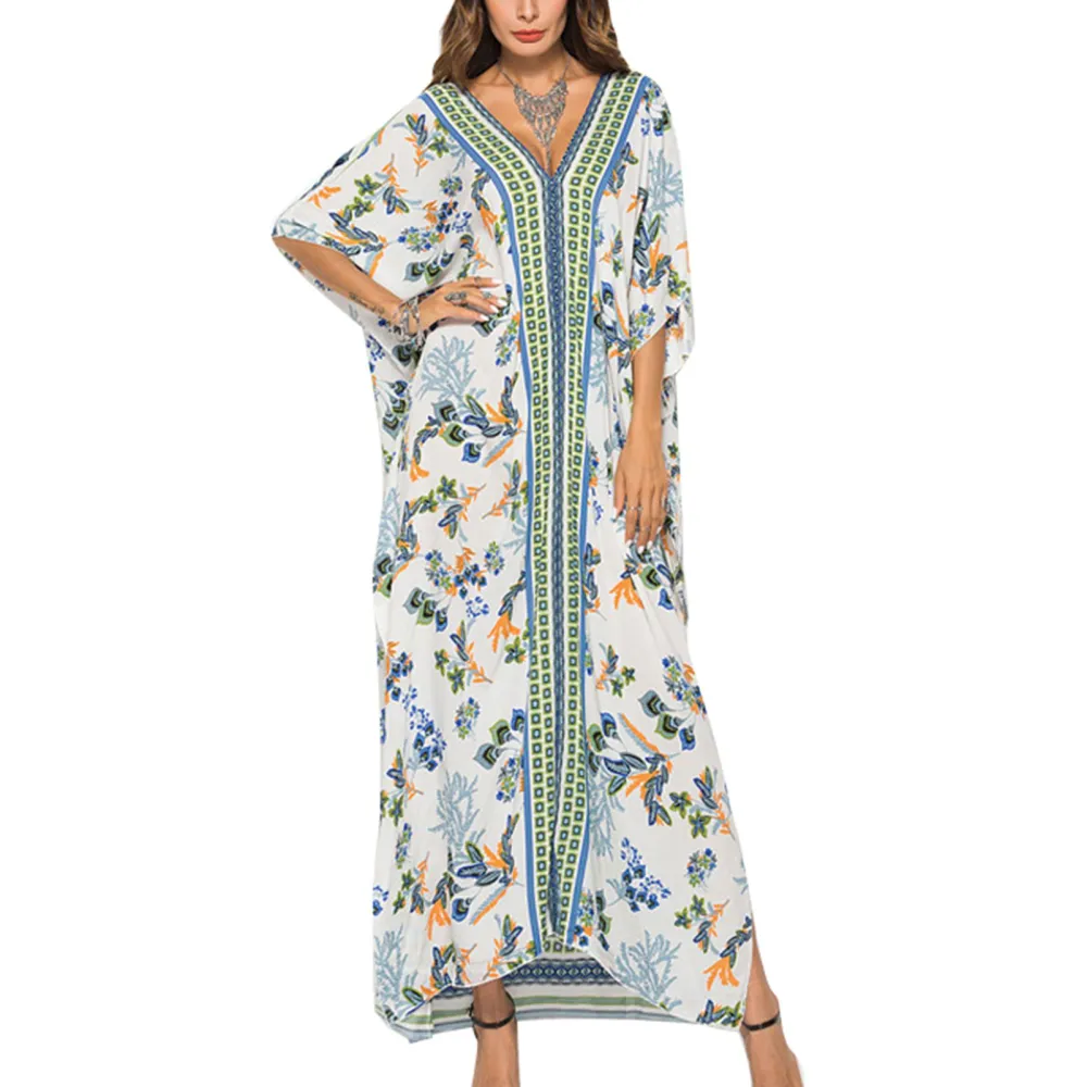 Batwing Sleeve Long Robe Dress V Neck Loose Half Sleeves Slit Hem Printed Pattern Long Cover Up for Summer Beach Green Free Size