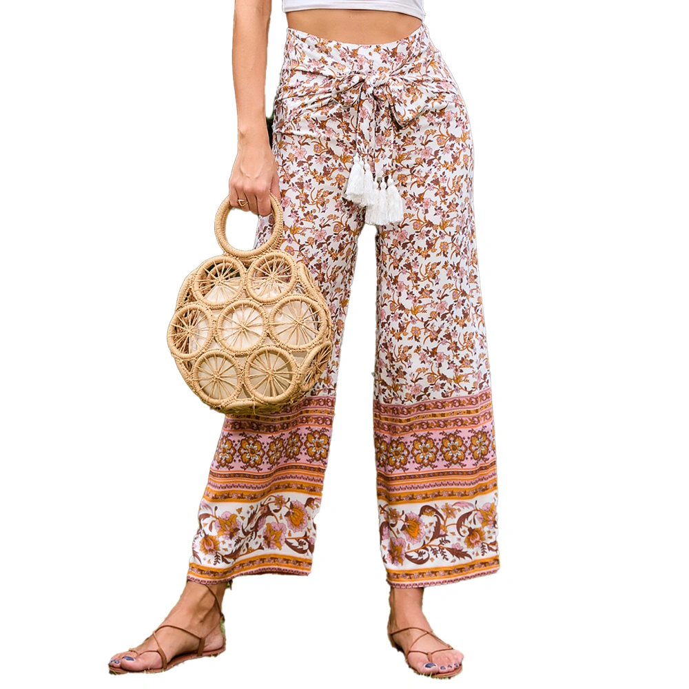 Wide Leg Pants Printed Pattern Bow Tassel Belt Casual Fit Elegant Wide Leg Pants for Women Beach White S