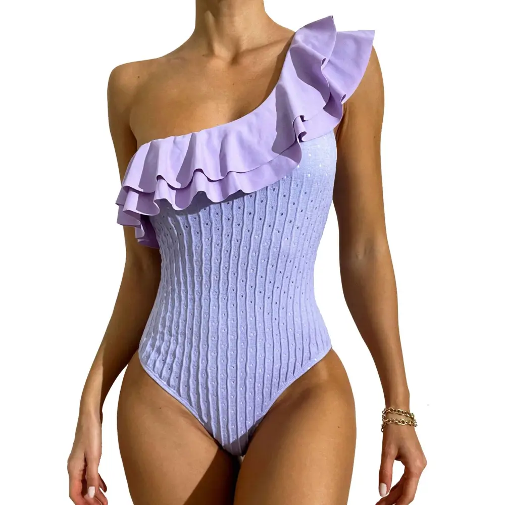 Ruffle One Shoulder Swimsuit Pure Color Wireless Backless Slim Sleeveless One Shoulder Swimsuit Purple L