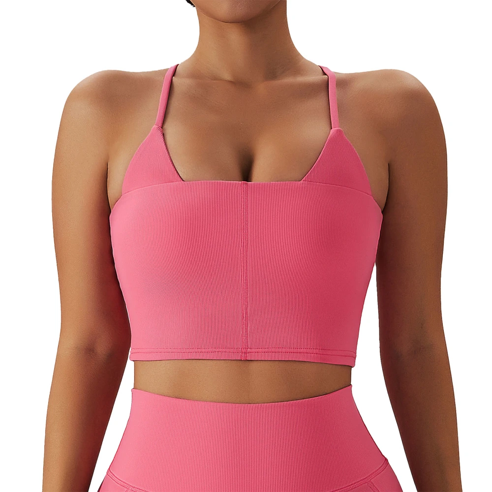 Women Sports Bra Fashionable Casual Shockproof Backless Cross Spaghetti Strap Yoga Bra for Sports Exercise Fitness Rose Pink L