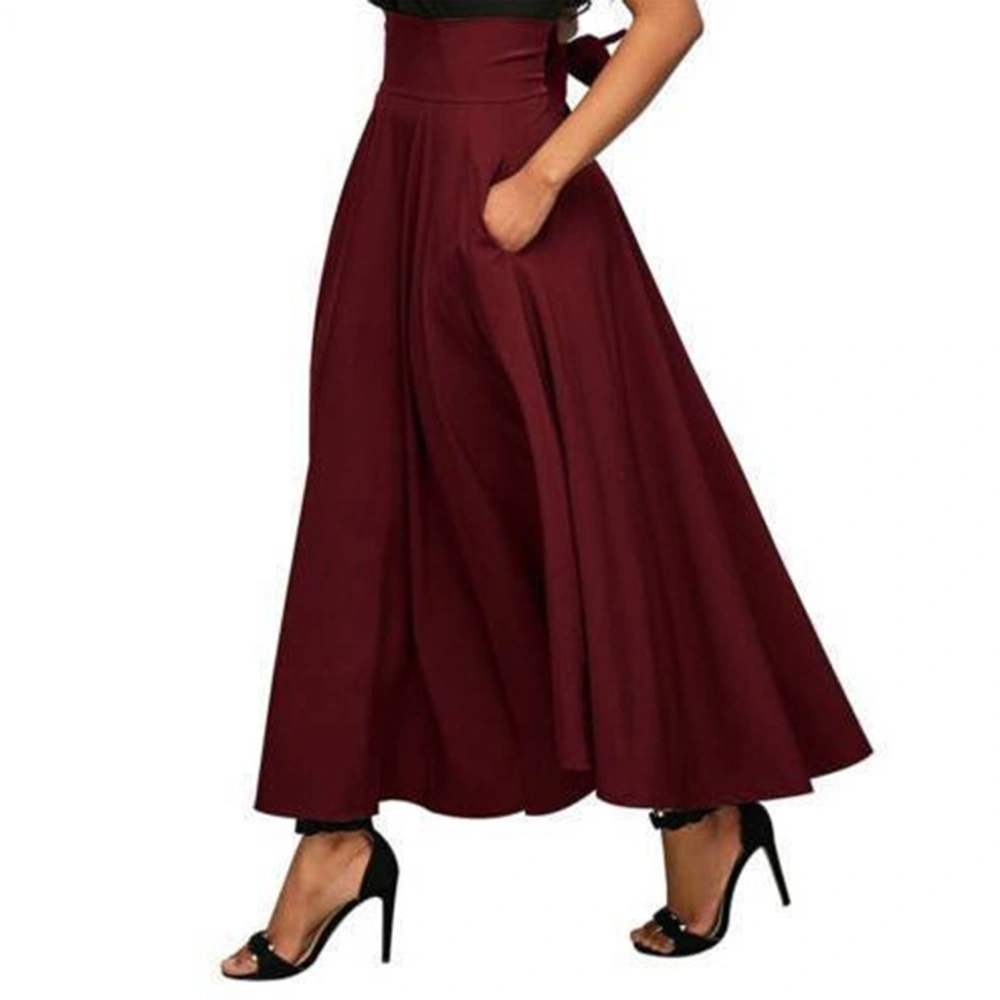 Women Maxi Skirt Pure Color Bow Belt Fashionable Elegant Female Maxi Skirt for Dating Outdoor Burgundy L