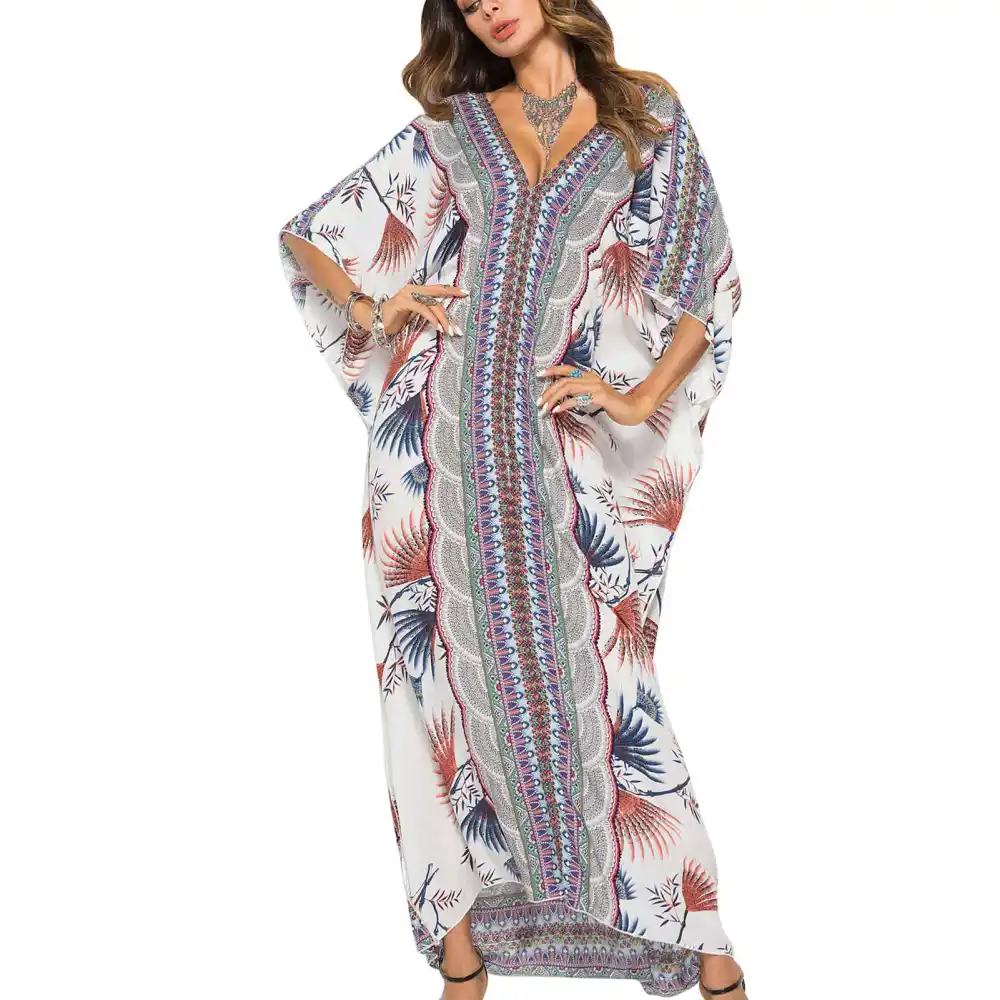 Batwing Sleeve Long Robe Dress V Neck Loose Half Sleeves Slit Hem Printed Pattern Long Cover Up for Summer Beach Grey Free Size