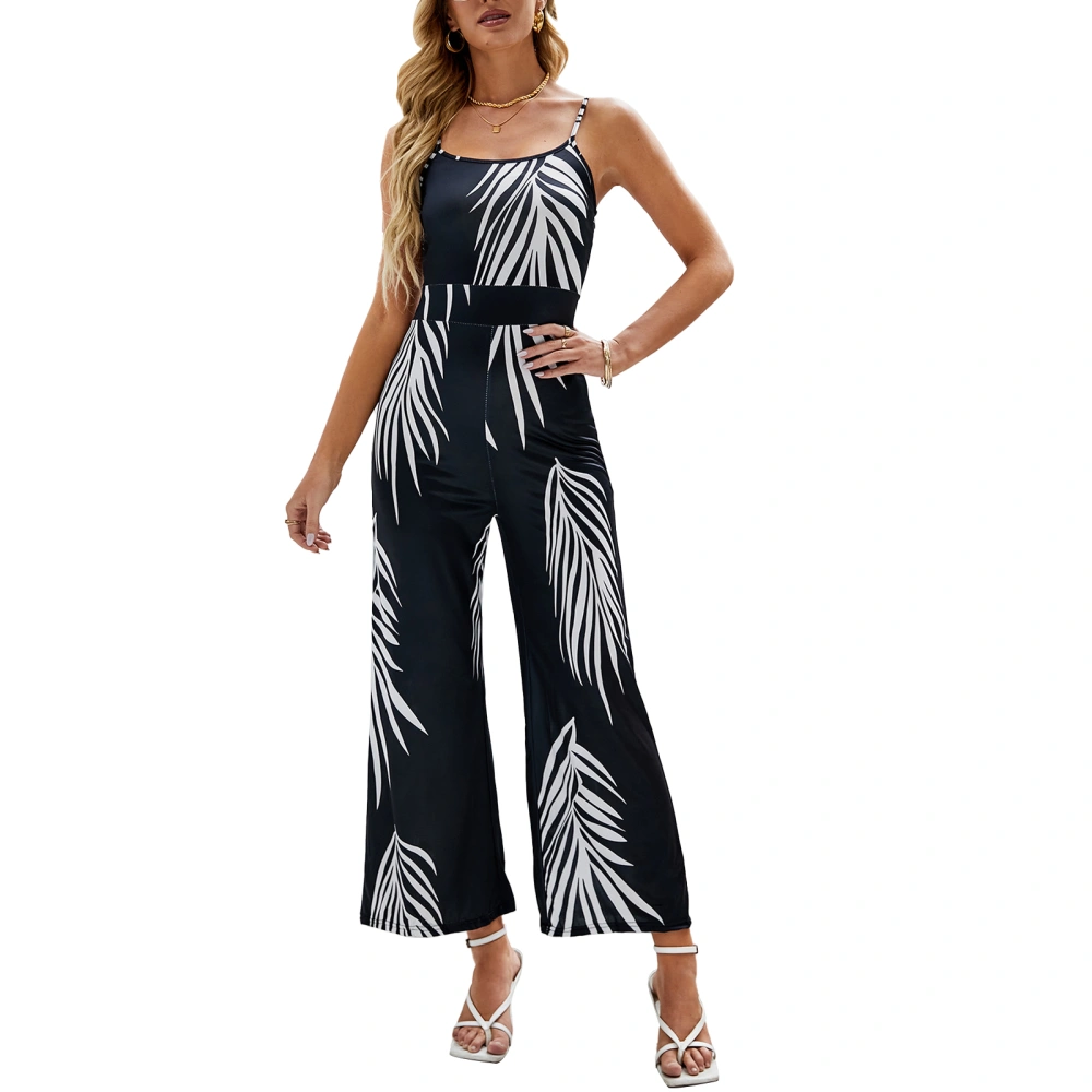 Loose Causal Print Jumpsuit Wide Straight Leg Spaghetti Strap Soft Stylish Print Sleeveless Jumpsuit Black XXL