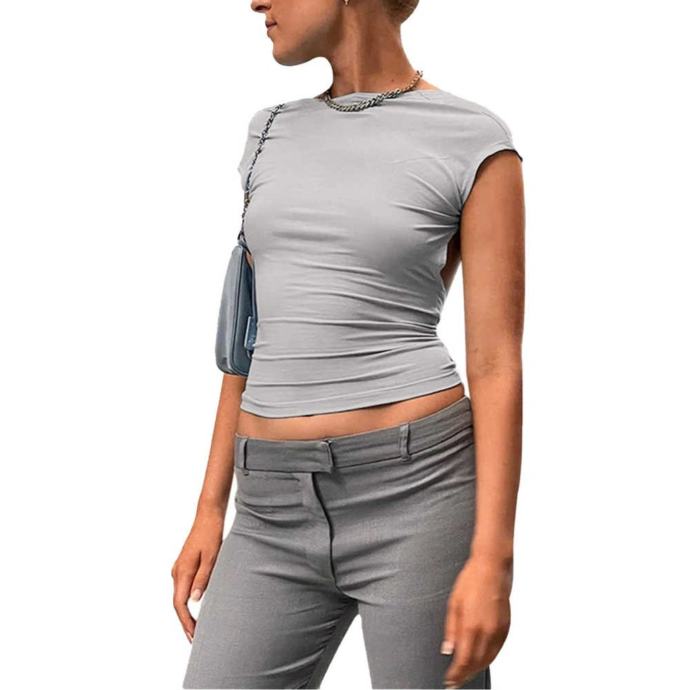 Backless T Shirt for Women Pure Color Soft Skin Friendly Breathable Fashion T Shirt for Anniversary Gray XS