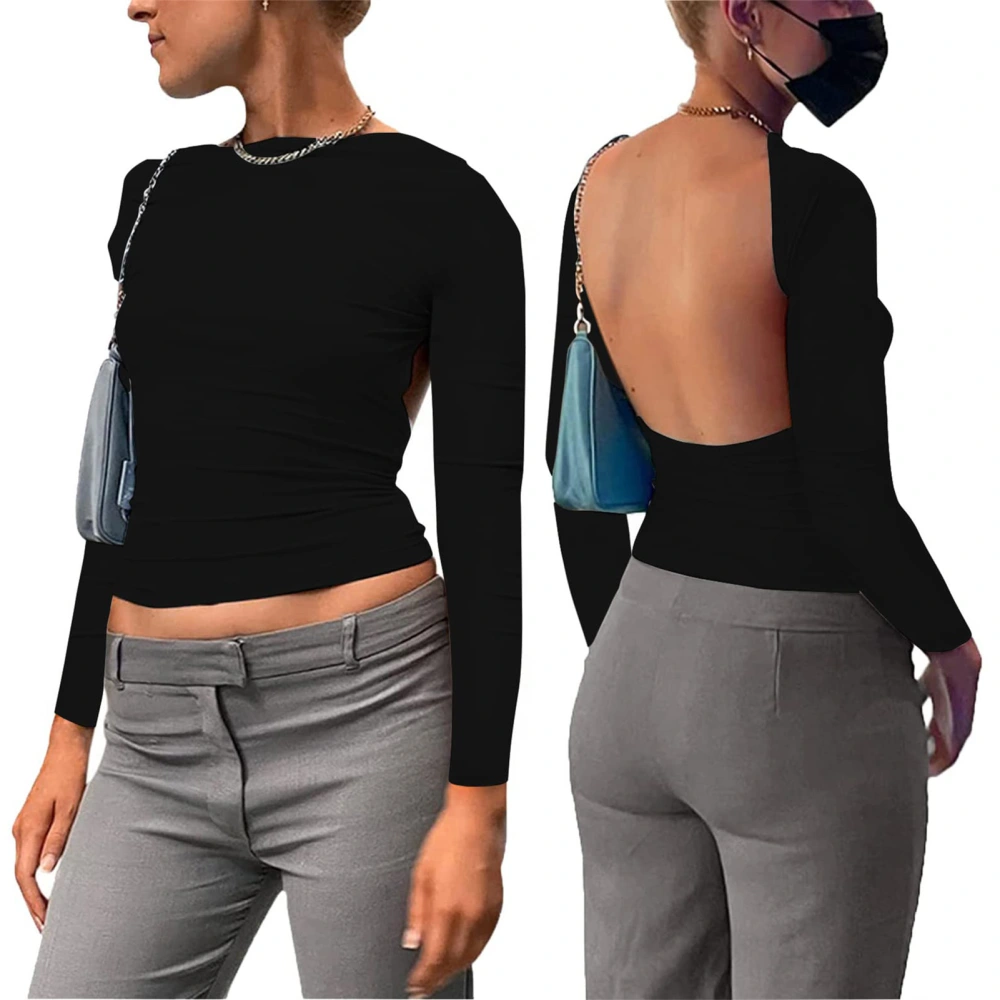 Women Short Top Double Wear Backless Top Breathable Long Sleeves Pure Color Stylish T Shirt Black L