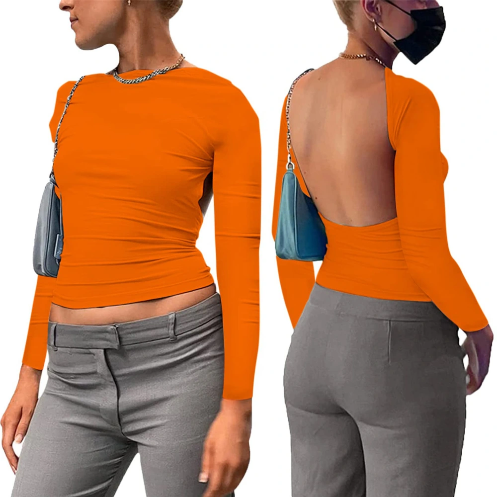 Women Short Top Double Wear Backless Top Breathable Long Sleeves Pure Color Stylish T Shirt Orange L