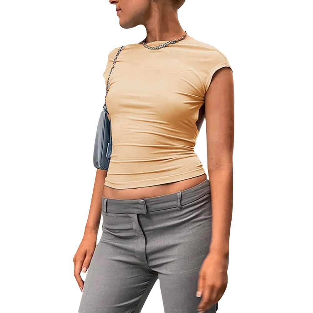 Backless T Shirt for Women Pure Color Soft Skin Friendly Breathable Fashion T Shirt for Anniversary Khaki XS