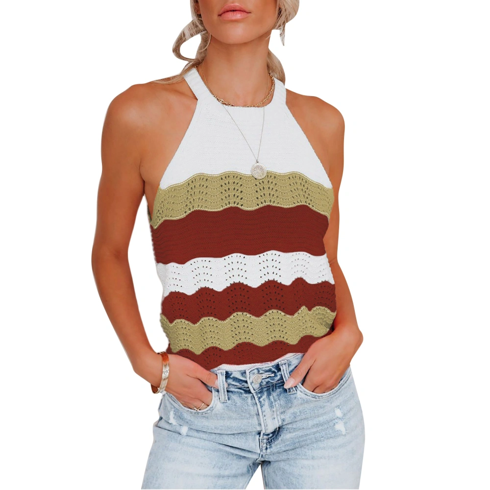 Women Tank Tops Summer Fashionable Casual Loose Wave Stripe Stitching Off Shoulder Women Knit Tank Tops Red M