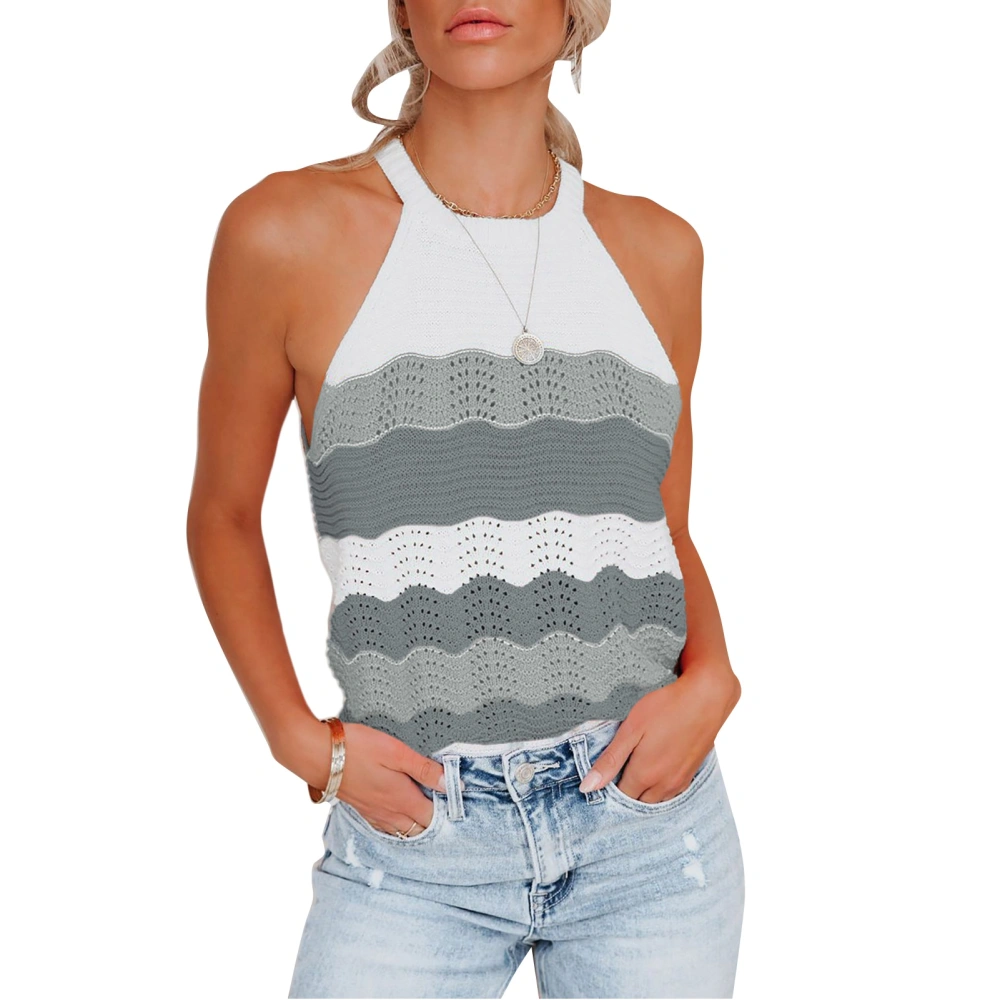 Women Tank Tops Summer Fashionable Casual Loose Wave Stripe Stitching Off Shoulder Women Knit Tank Tops Gray XL