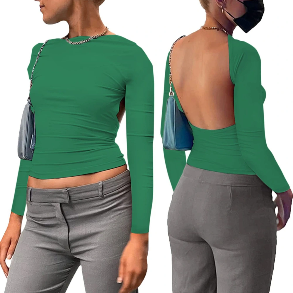 Women Short Top Double Wear Backless Top Breathable Long Sleeves Pure Color Stylish T Shirt Dark Green S