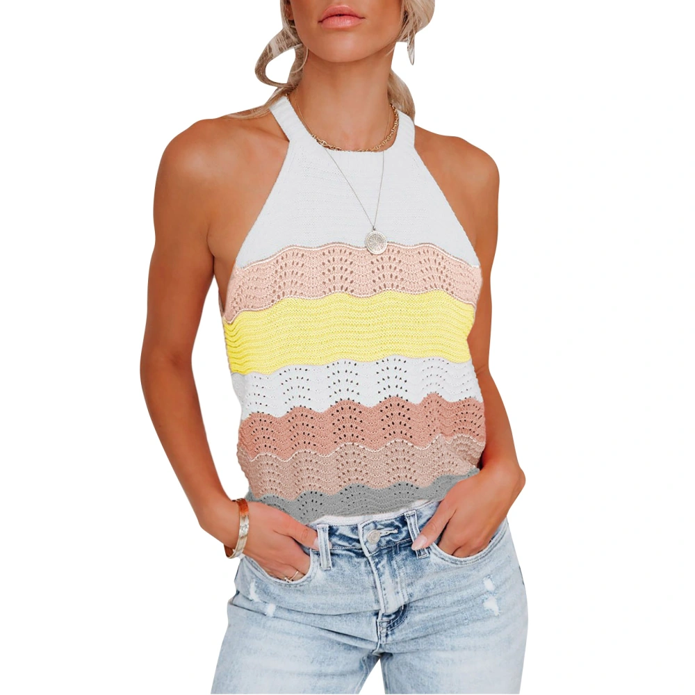 Women Tank Tops Summer Fashionable Casual Loose Wave Stripe Stitching Off Shoulder Women Knit Tank Tops Yellow XL