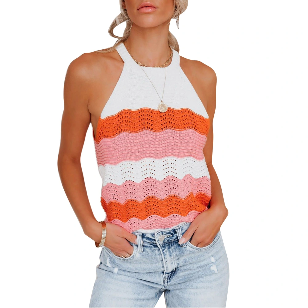 Women Tank Tops Summer Fashionable Casual Loose Wave Stripe Stitching Off Shoulder Women Knit Tank Tops Orange M