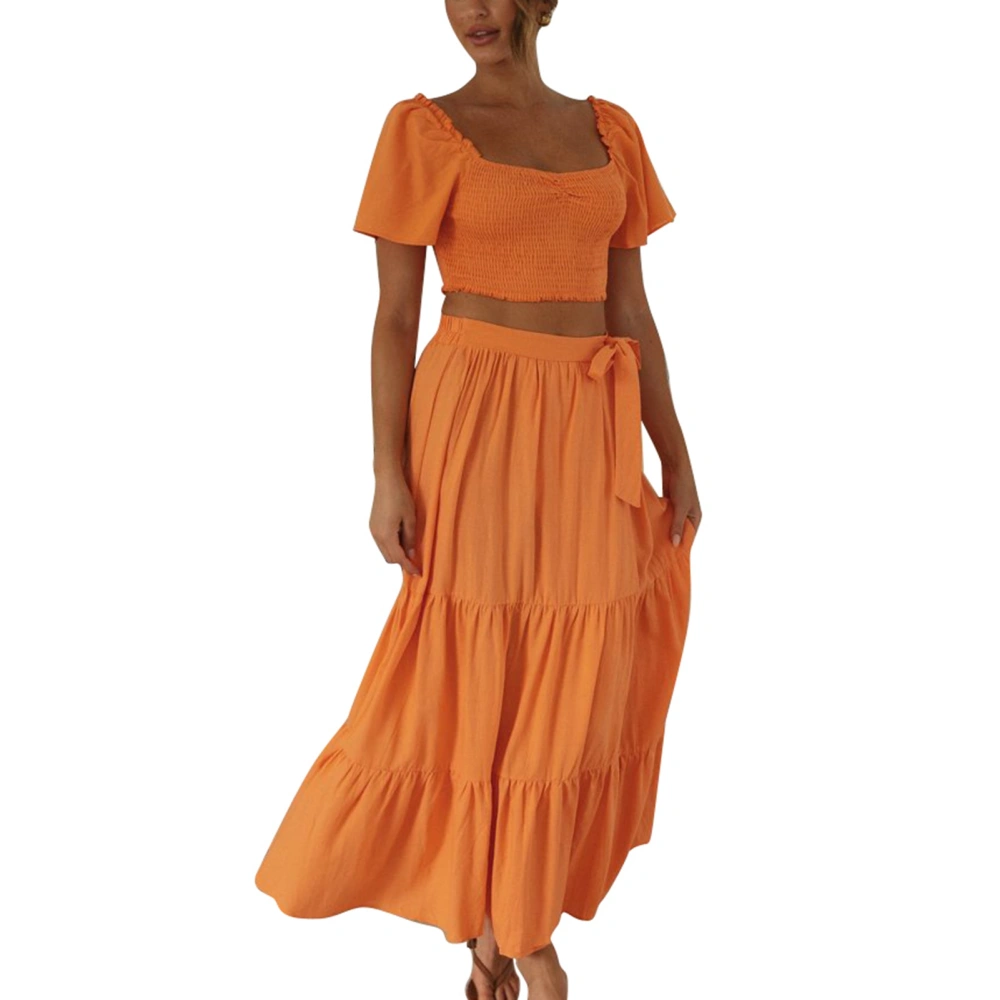 Women Short Sleeves Top Long Skirt Shirred Bowknot Binding Straps High Split Summer Dress Set Orange S