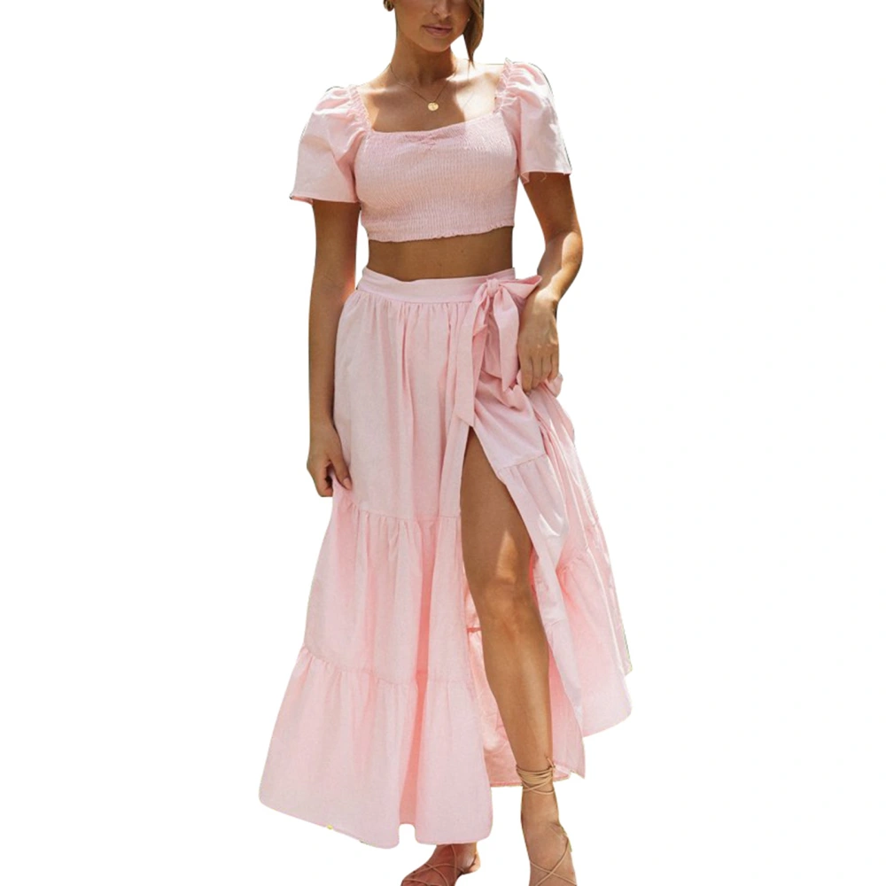 Women Short Sleeves Top Long Skirt Shirred Bowknot Binding Straps High Split Summer Dress Set Pink M