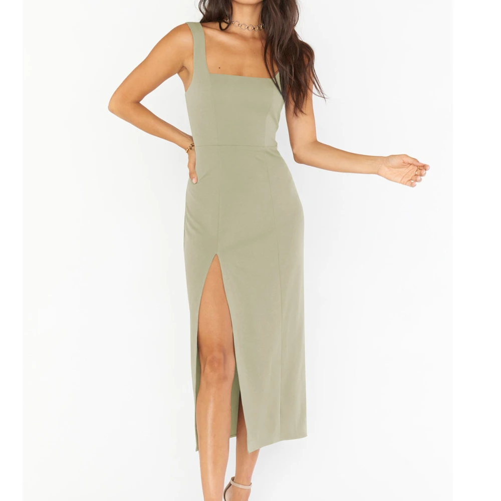 Tank Slit Dress High Waist Slim Backless Thick Strap Spread Collar Elegant Women Slit Dress for Spring Summer Yellow Green S