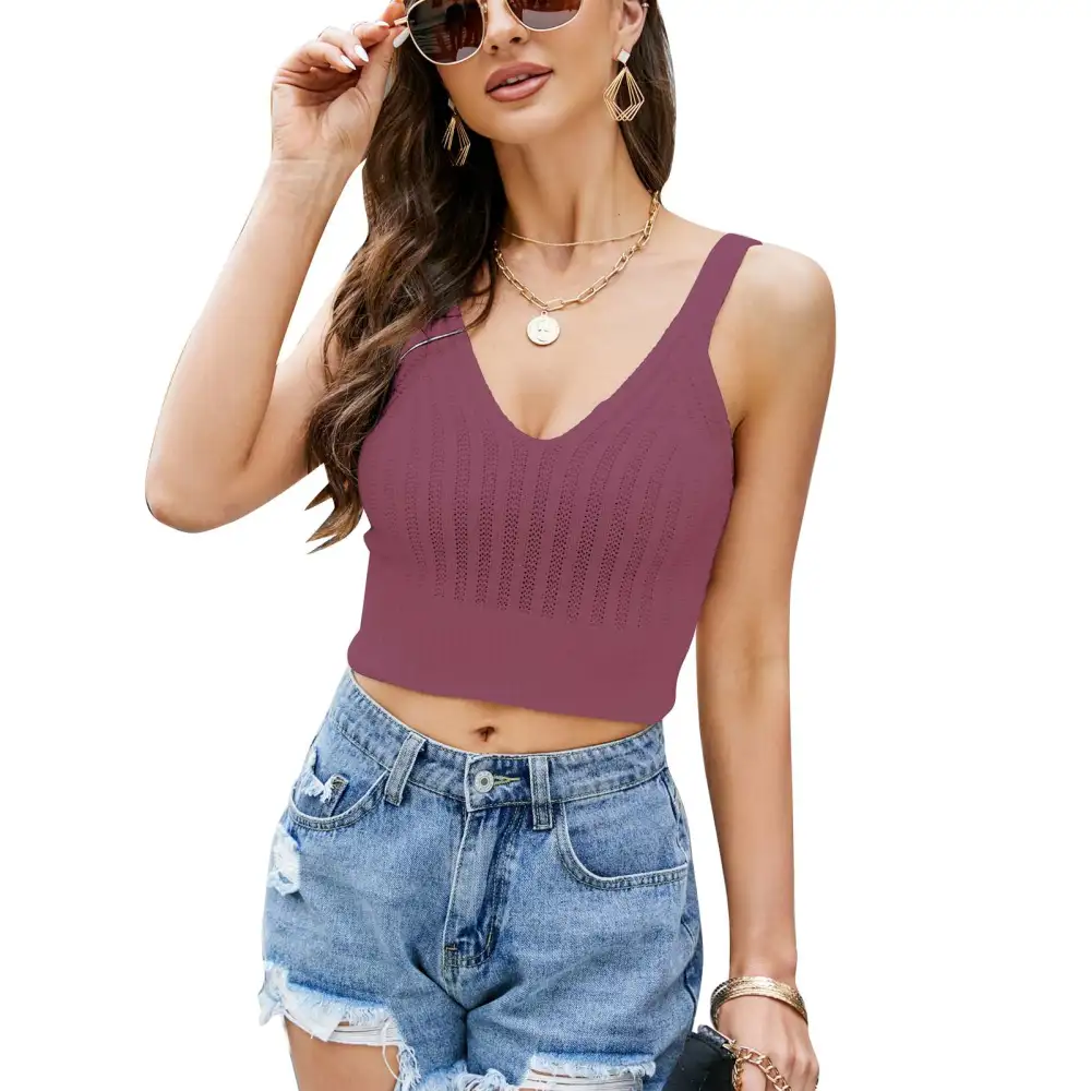 Women Knited Tank Top Deep V Neck Short Type Pure Color Slim Fitted Summer Sleeveless Vest Purple Pink M