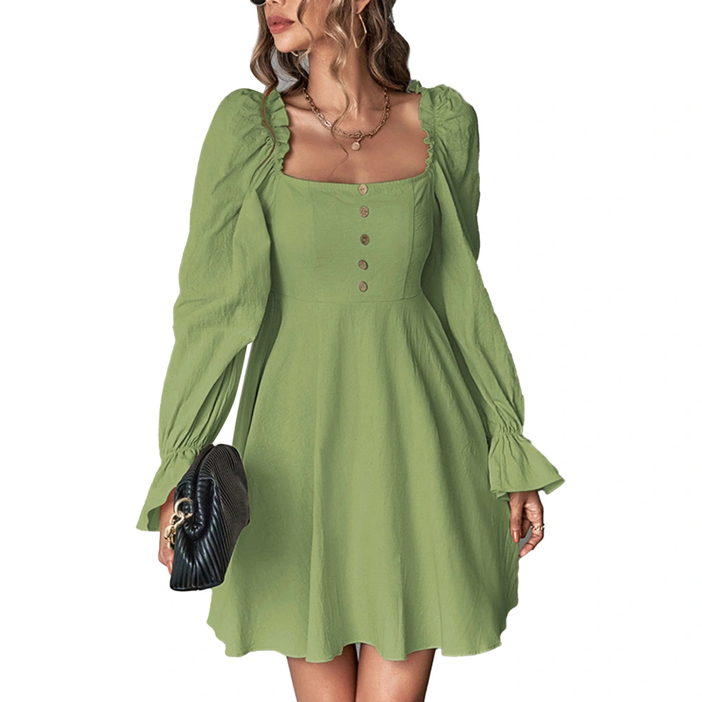 Women Long Sleeve Dress French Style Elegant Quadrate Collar Puff Sleeve Slim Fit Women A Line Dress for Party Evening Green S