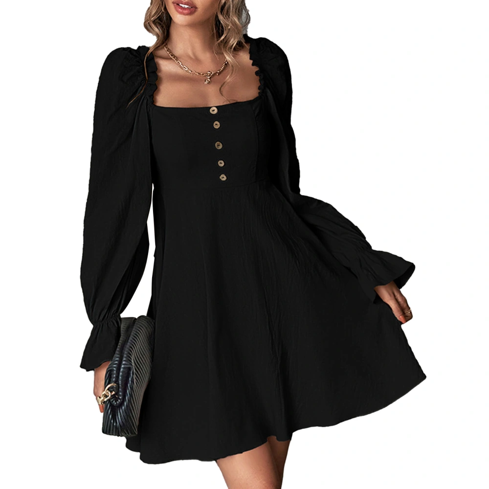 Women Long Sleeve Dress French Style Elegant Quadrate Collar Puff Sleeve Slim Fit Women A Line Dress for Party Evening Black M