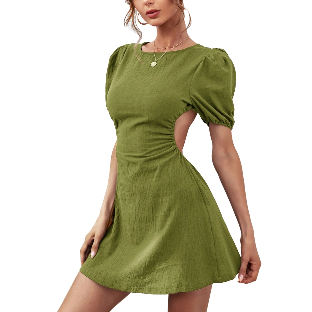 Puff Sleeve Dress Round Neck Back Strap Design Backless Pure Color Fashionable Short Sleeve Dress Green XL