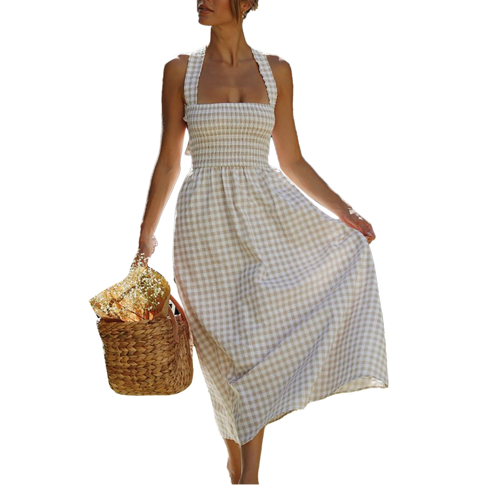 Women Shirred Dress A Line Backless Gingham Bow Cross Backless Fashionable Shirred Dress for Dating White XL