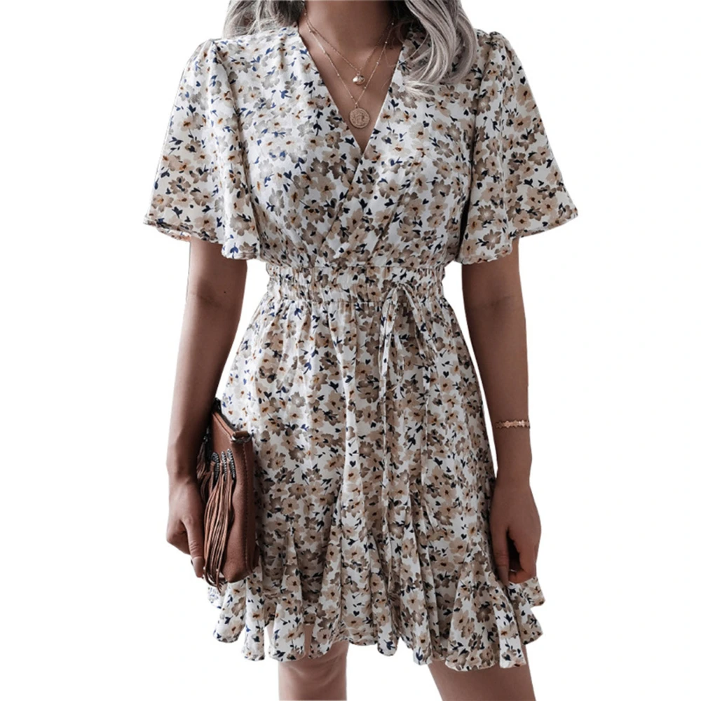 Short Sleeves Floral Dress V Neck Tied Shirred Waist Elastic Elegant Floral Print Short Dress for Women Khaki XL