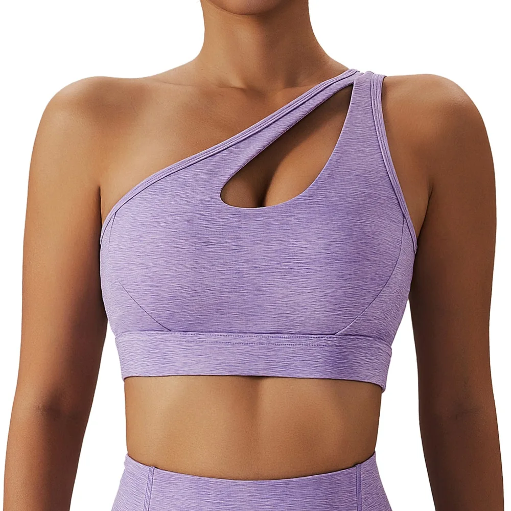 Women Sports Bra Single Shoulder Strap Hollow Up Pure Color Quickly Drying Elastic Workout Bra Purple S