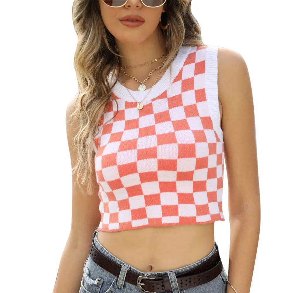 Plaid Print Vest Tank Top Women Slim Fit Crewneck Sleeveless Top Casual Stylish Summer Vest Top for Daily Life Vacation Orange M