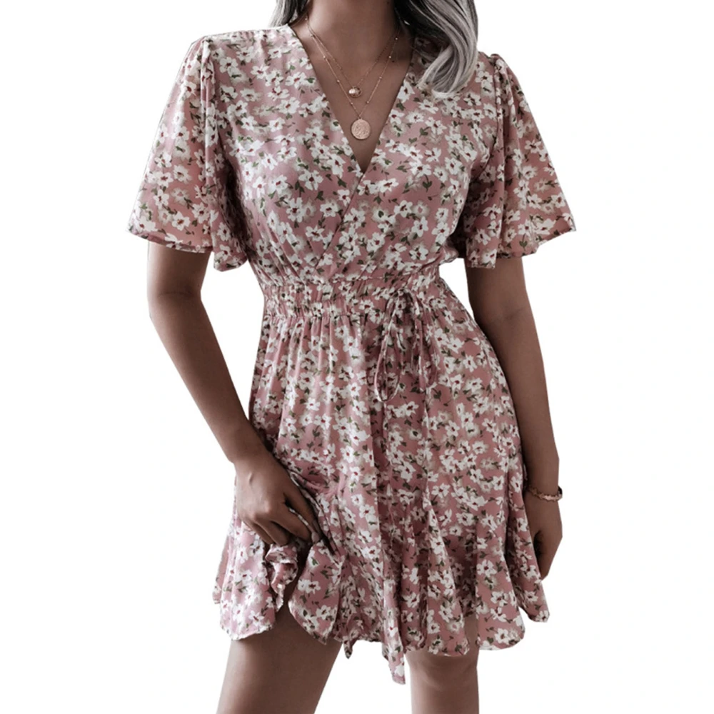 Short Sleeves Floral Dress V Neck Tied Shirred Waist Elastic Elegant Floral Print Short Dress for Women Pink 3XL