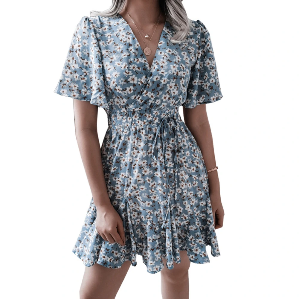 Short Sleeves Floral Dress V Neck Tied Shirred Waist Elastic Elegant Floral Print Short Dress for Women Light Blue XL