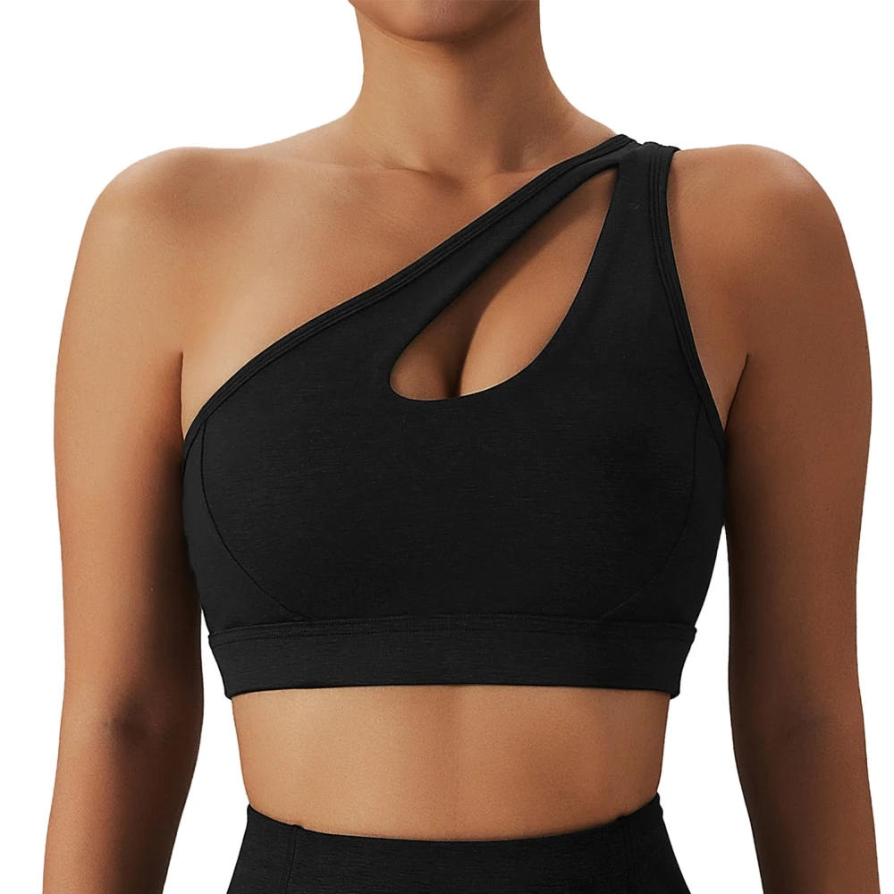 Women Sports Bra Single Shoulder Strap Hollow Up Pure Color Quickly Drying Elastic Workout Bra Black XL