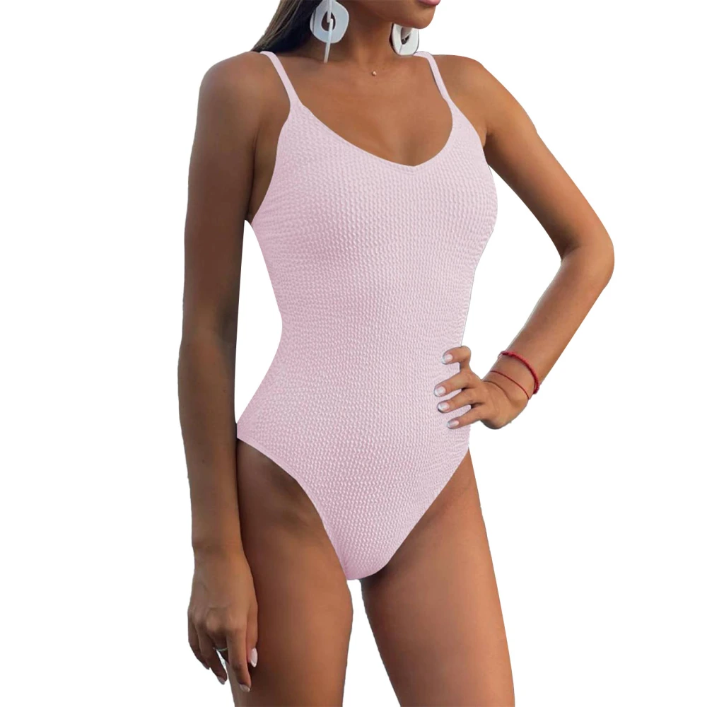 Women Swimsuit V Neck Adjust Spaghetti Straps Pure Color High Cut One Piece Bathing Suit Pink L