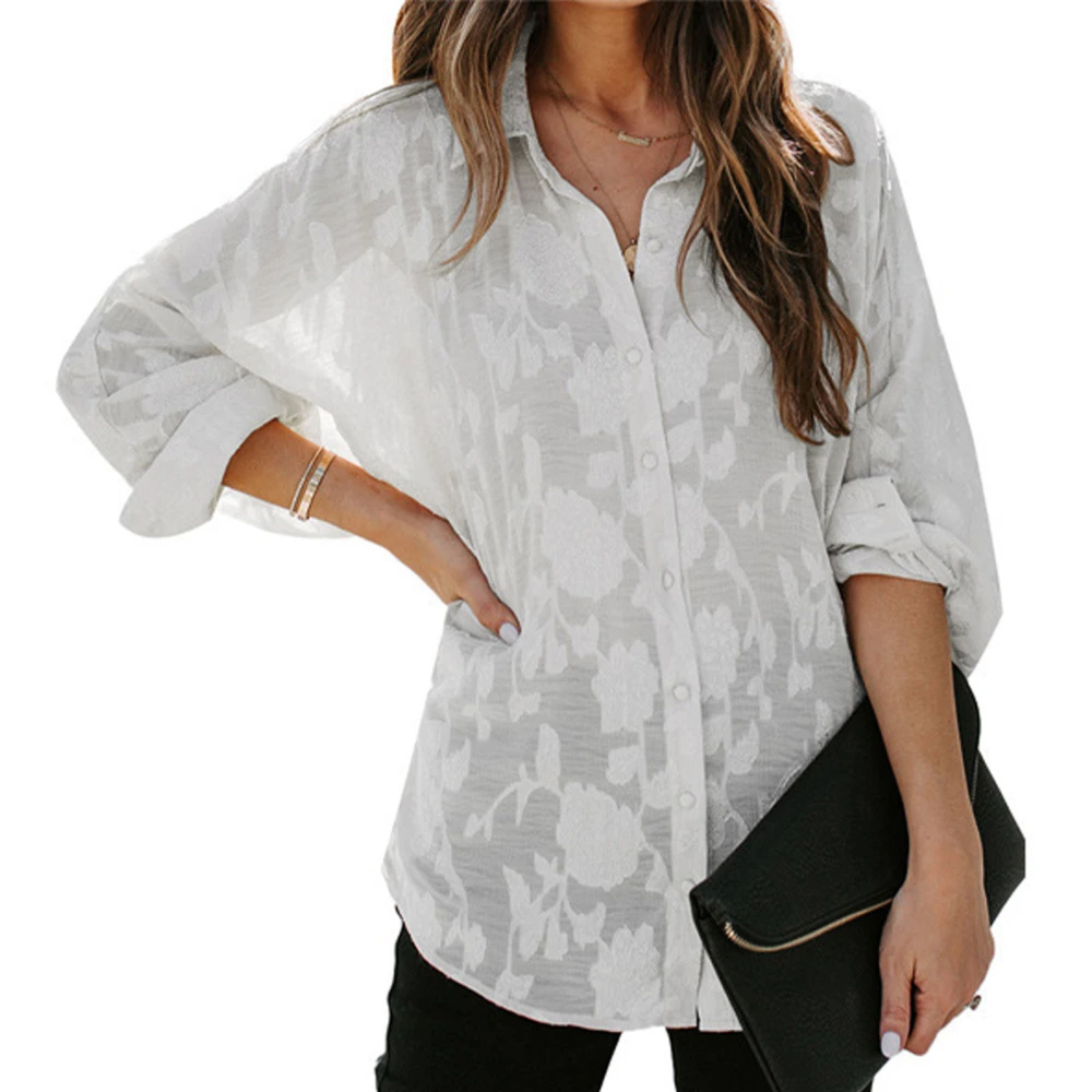 Womens Button Up Blouse Long Sleeve Turn Down Collar Flower Pattern Women Button Shirt for Street Party Office White S