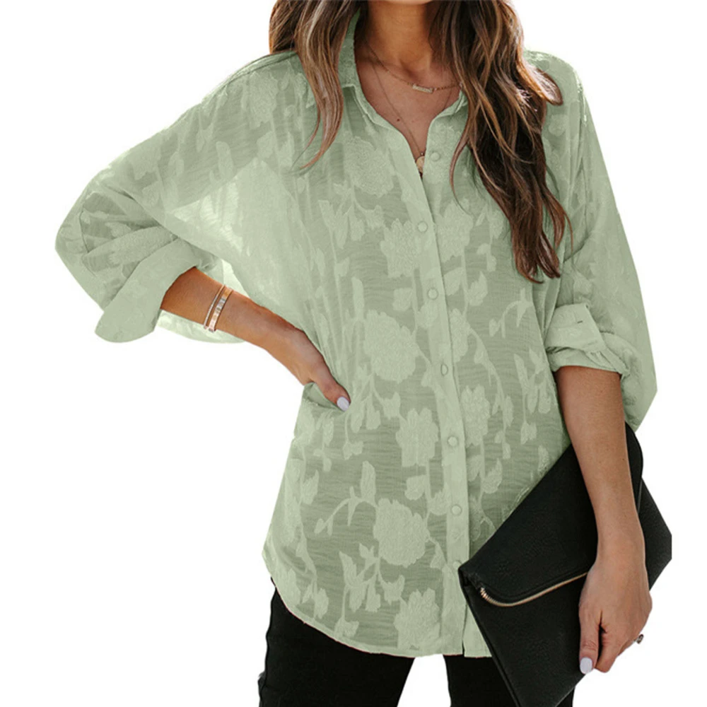 Womens Button Up Blouse Long Sleeve Turn Down Collar Flower Pattern Women Button Shirt for Street Party Office Green L