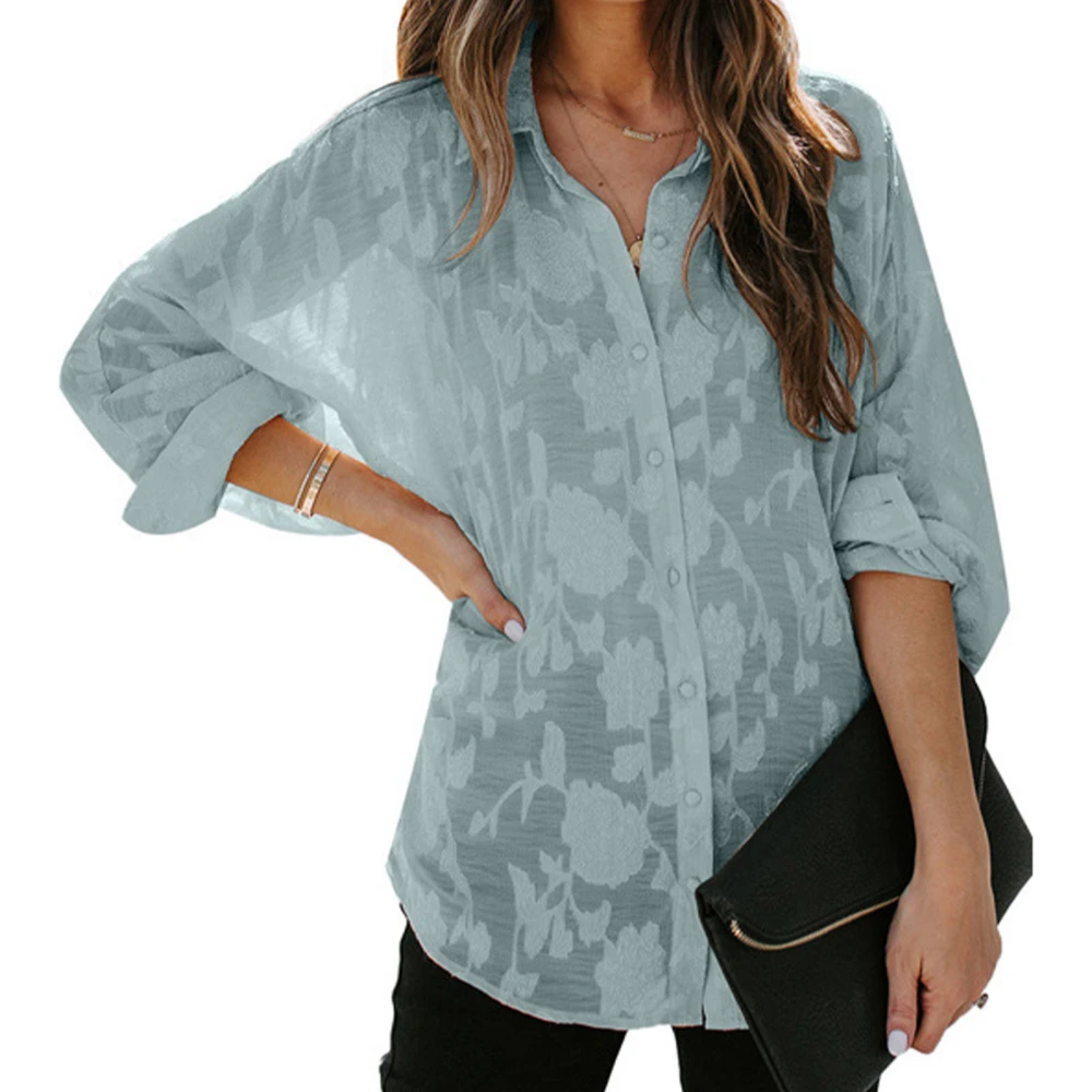 Womens Button Up Blouse Long Sleeve Turn Down Collar Flower Pattern Women Button Shirt for Street Party Office Blue L