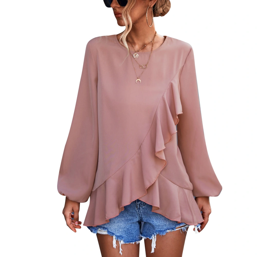 Ruffles Hem Top for Women Round Neck Soft Skin Friendly Fashion Long Sleeve Top for Work Travel Pink XL