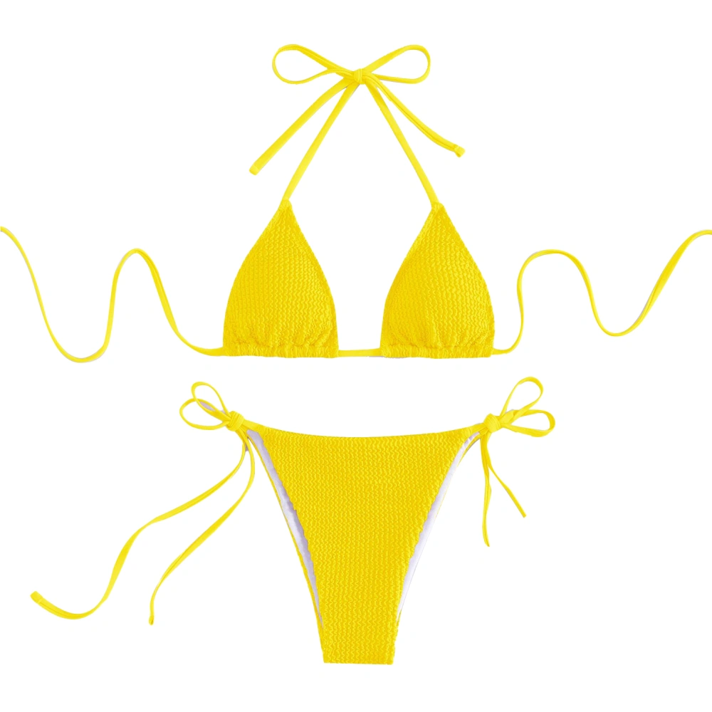 Women Pure Color Bikini Set Stylish Elegant Halter Top Tie Side Bottom 2 Piece Swimsuit Bathing Suit Yellow S