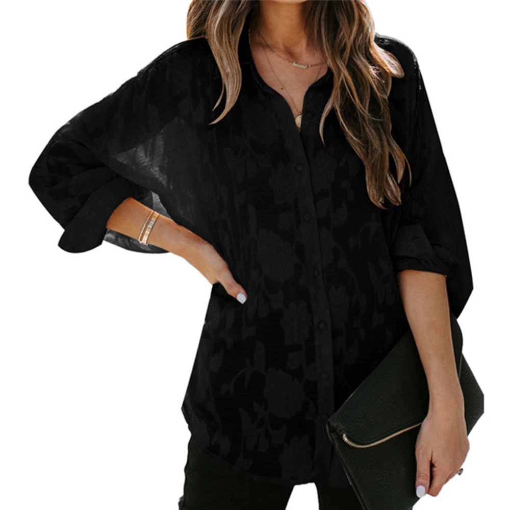 Womens Button Up Blouse Long Sleeve Turn Down Collar Flower Pattern Women Button Shirt for Street Party Office Black M